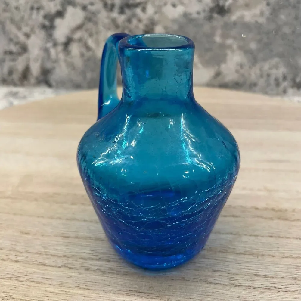 Vintage MCM Cobalt Blue Crackle Glass Mini Pitcher Hand Blown Art Glass 4.5